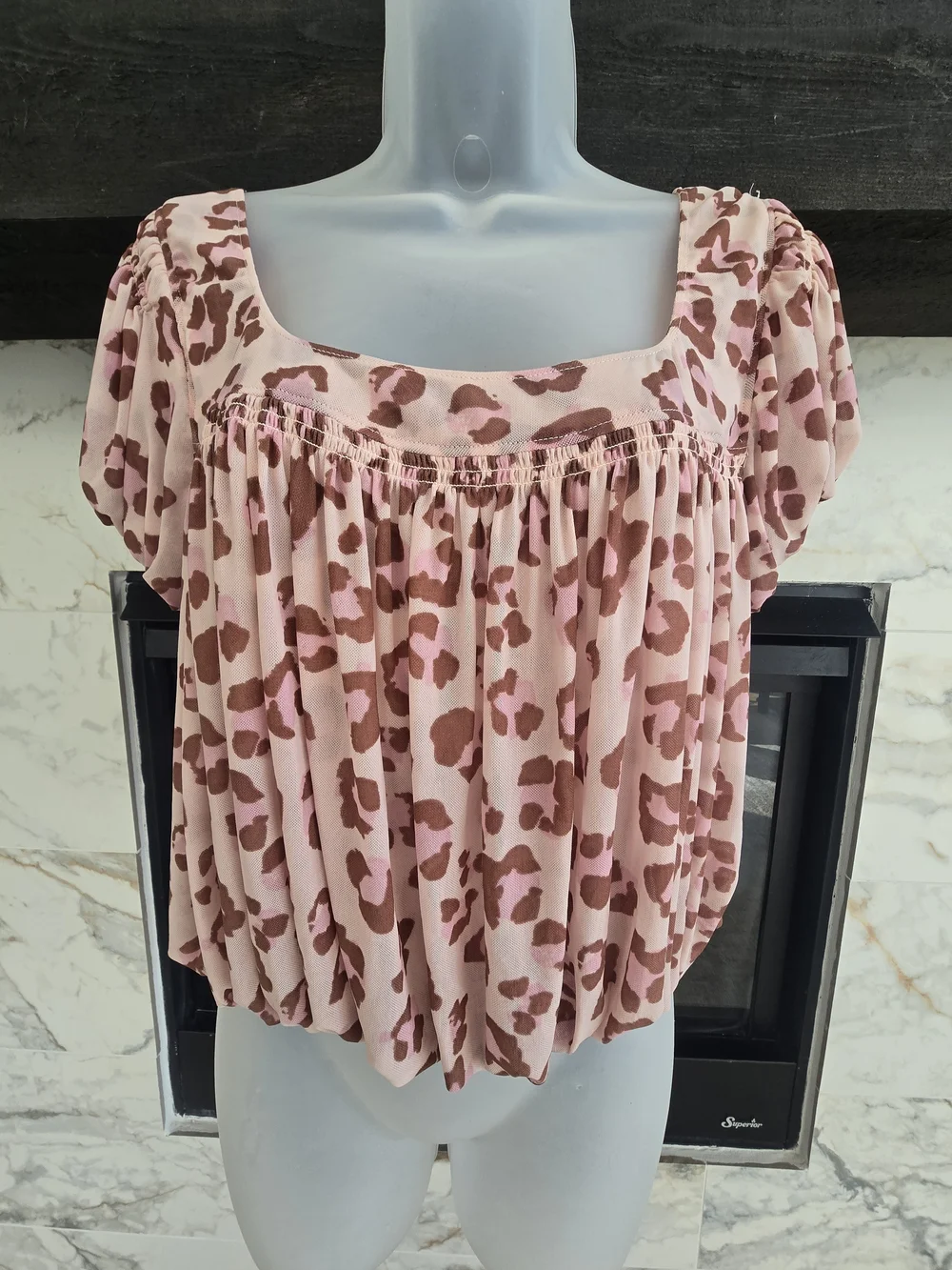 Free People Pink and Brown Leopard Print Bubble Hem Top